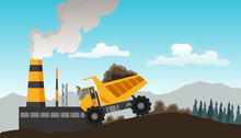 Coal Mining. Miners With Tools Under Ground. Industrial Equipment And Machinery On Background In Layers Of Soil. Miner In Mine Produces Breed. Truck Carries The Rock From The Mine To The Plant
