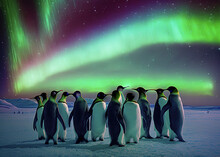 King Penguins Huddled Together Under In The Antarctic Under The Southern Lights