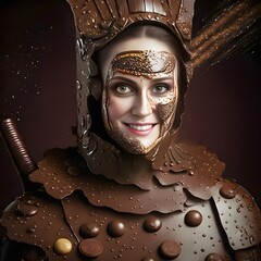 portrait of a beautiful woman as a knight posing in richly decorated chocolate armor. food fashion p