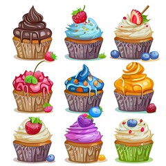 Wall Mural - party cupcakes Keep cakes, birthday parties, cupcakes of various flavors, chocolate, lemon, blueberry, vanilla, milk, mixed fruit cupcakes