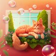 © AkuAku - Fluffy red cat lies on balcony enjoying nature, warm spring days. Floating cute magic frame in colorful garden, green leaves of bushes, flying bubbles. 3d render in minimal art style on beige backdrop
