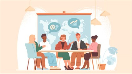 Poster - Business meeting partners. Moving poster with male and female entrepreneurs sitting at table and discussing project. Collaboration and brainstorming. Report analysis. Flat graphic animated cartoon