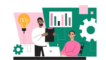 Aufkleber - Website SEO optimization video concept. Moving men SMM specialists analyze data and develop strategy for promotion in social networks. Digital Marketing and Advertising. Flat graphic animated cartoon
