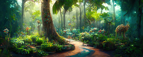 Wall Mural - a beautiful fairytale enchanted forest with big trees and great vegetation. digital painting backgro