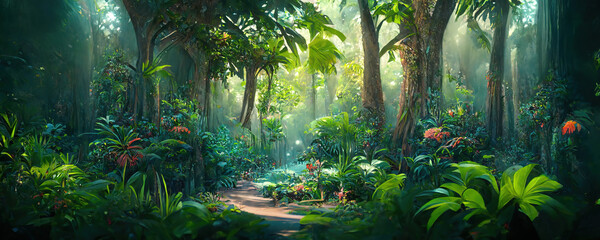 Wall Mural - a beautiful fairytale enchanted forest with big trees and great vegetation. digital painting backgro