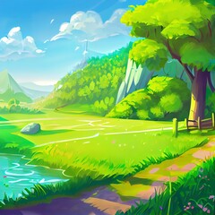 Canvas Print - cartoon illustration image of natural scenery and green grass