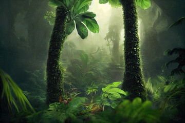 Wall Mural - a beautiful fairytale enchanted forest with big trees and great vegetation. digital painting backgro
