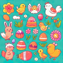 Wall Mural - Easter spring elements. Eggs, rabbit, flowers and chickens, cute easter theme symbols. Holiday easter icons cartoon illustration