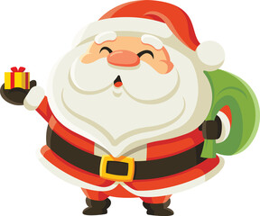 Wall Mural - Merry Christmas. Santa Claus holding Christmas gift box present on hand and carrying a bag. Christmas character