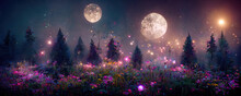 A Beautiful Fairytale Enchanted Forest At Night With A Big Moon In The Sky Illuminating Trees And Great Vegetation