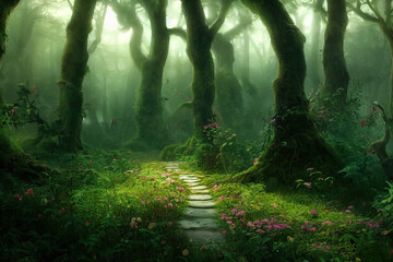 Wall Mural - a beautiful fairytale enchanted forest with big trees and great vegetation. digital painting backgro