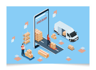 3D isometric Logistics and Delivery services concept with People delivering a box to a customer at home or office. Vector illustration eps10