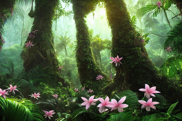 Wall Mural - a beautiful fairytale enchanted forest with big trees and great vegetation. digital painting backgro