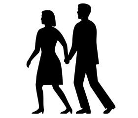 Wall Mural - Retro style illustration of a silhouette of a couple male and female walking away holding hands viewed from side on isolated background done in black and white.
