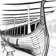 A digital line drawing of the stern of a Viking longboat, Viking Museum, Oslo, Norway