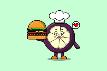 Wall Mural - Cute cartoon Mangosteen chef character holding burger in flat cartoon style illustration