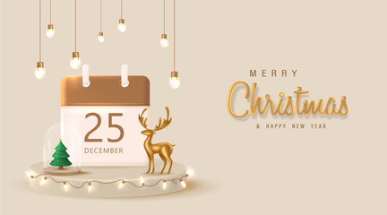 3D Realistic Merry Christmas and Happy New Year Banner with 3D Element Vector Illustration.