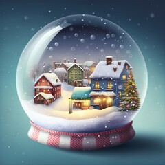 Canvas Print - winter wonderland with little town and Christmas tree inside a snow globe , snowing, festive.	