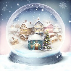 Canvas Print - winter wonderland with little town and Christmas tree inside a snow globe , snowing, festive.	