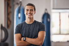 Gym, Fitness And Portrait Of Proud Man Standing With Smile, Motivation, Health And Energy For Training. Coach, Personal Trainer Or Happy Boxing Club Owner In Studio For Workout, Coaching And Wellness