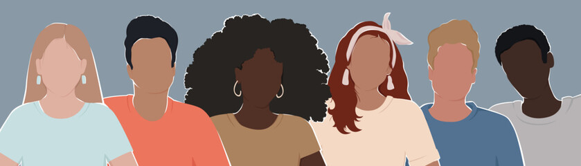 Wall Mural - A group of diverse people with different skin colors stand together. All people are equal. Modern flat vector illustration in trendy colors.