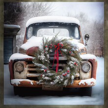 Grandpa's Old Truck In The Snow With A Christmas Wreath With A Red Xmas Bow