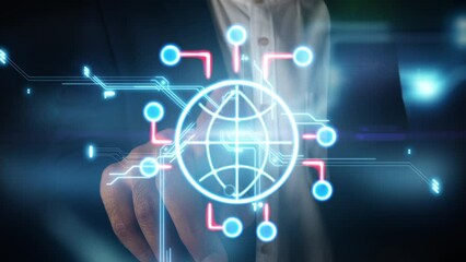 Business man press the Hologram technology city town on the screen concept technology background using data tech devices	
