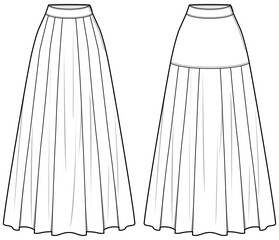 Sticker - womens high waist a line full length flared maxi skirt flat sketch vector illustration technical cad drawing template