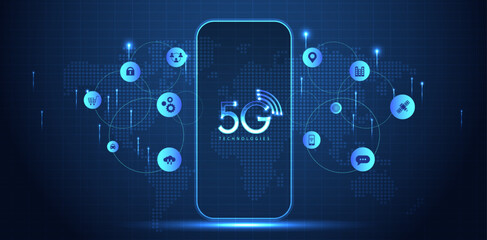 Aufkleber - 5g technology with computer and mobine network connection line between building. connectivity and gl