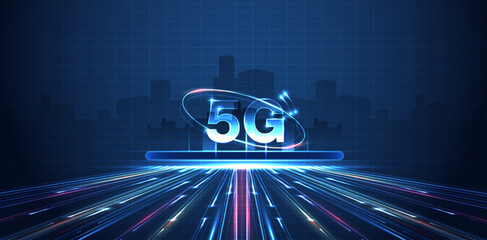 Aufkleber - 5g technology with computer and mobine network connection line between building. connectivity and gl