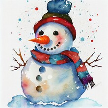 Snowman In The Snow, Snowing, Scarf Hat And A Carrot Nose Watercolor Cute Adorable Christmas Magic Is Here.