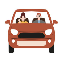 Happy couple of young people rides a car. A man driving a vehicle and a woman sitting in the passenger seat. A fun car trip husband and wife. Vector illustration in cartoon style