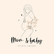 Mom and baby logo. Logotype for maternity hospital with pregnant woman in linear style. Pregnancy and motherhood. Modern vector hand drawn illustration. Clinic center and health care.