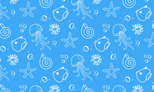 Cute Childish Marine Pattern With Fish, Starfish, Jellyfish And Shells On A Blue Background. Pattern For Print, Baby Textile And Wrapping Paper
