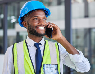 Poster - Engineer, phone call and communication while networking, contact and happy smile, conversation and talking about renovation. Construction worker, black man and engineering worker speaking on tech