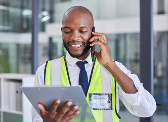 Poster - Black man with clipboard, phone call for communication during inspection, safety check and compliance. Logistics or construction with smartphone, tech and checklist for business quality assurance.
