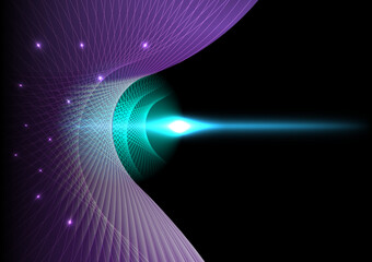 Fototapete - high tech abstract futuristic technology purple cascading curves There is a net on top. There was a point of light on the line. The light beam is on the laser line. on black background