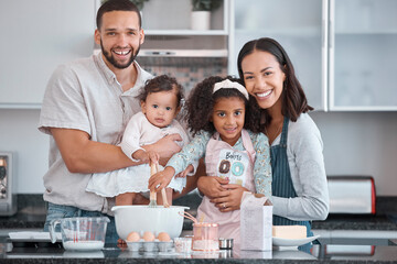 Canvas Print - Happy family, baking and learning while teaching girl to bake in kitchen counter, love and fun together in home. Dad, mom and girl kids or baby with food, ingredients and flour for breakfast in home