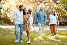 Big Family, Girl And Walking In Nature Park For Bonding, Fun And Care In Summer Outdoor. Mother, Father And Grandparents Walk With Child, Happy And Smile In A Garden Or Forest With Love And Happiness