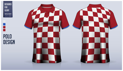 Wall Mural - Red polo shirt mockup template design for soccer jersey, football kit, golf, tennis, sportswear. Checkered pattern.
