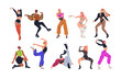 Dancers performing vogue dance. Modern fashion men, women in action, moving to trendy music. Stylish performers and arms, legs movements. Flat vector illustrations isolated on white background