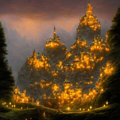 Canvas Print - Yellow lighted castle in dusk 3d illustration