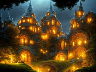 Wall Mural - Yellow lighted castle in dusk 3d illustration