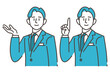 A young male businessperson in a suit who guides and introduces with a smile (vector illustration material)