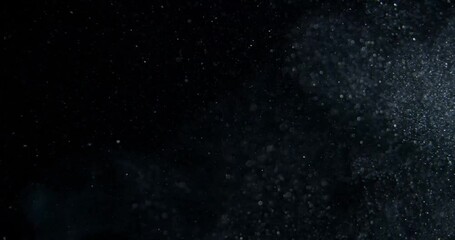 Wall Mural - Whirlpool of Mixed Particles of Dust, Flour, Debris, Flying on Black Background. Dynamic particles of white powder, snow, flake, smoke randomly rotate, swirl, float, fall in air through space in fog.