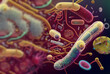 Gut microbe concept Gut microbiome helps control intestinal digestion and the immune system. Probiotics are beneficial bacteria used to help the growth of healthy gut flora 3d rendering