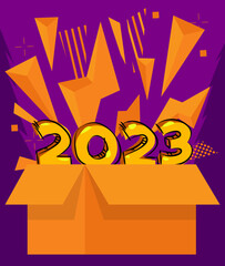 Poster - Number 2023 with cardboard box. Vector cartoon folded card box illustration.