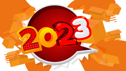 Poster - Number 2023 with cardboard box. Vector cartoon folded card box illustration.