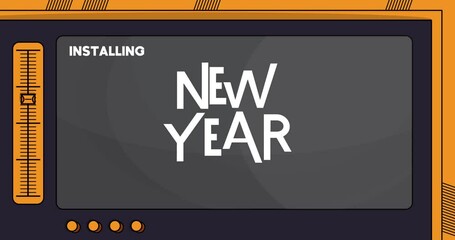 Poster - Cartoon Computer With the word Happy New Year. Video message of a screen displaying an installation window.