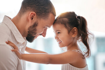 Poster - Love, father and girl play, happy and smile with fun, support and trust together in brazil home. Latino man, child and happiness, care and bonding with care, joy and healthy relationship in family